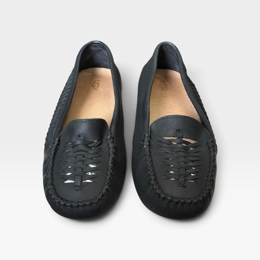 UGG Clary Moccasin Loafers 10 Black Woven Leather Preppy Old Money Driving Shoe